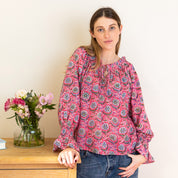 COTTON BLOCK PRINT BLOUSE - ROSE AND BLUE