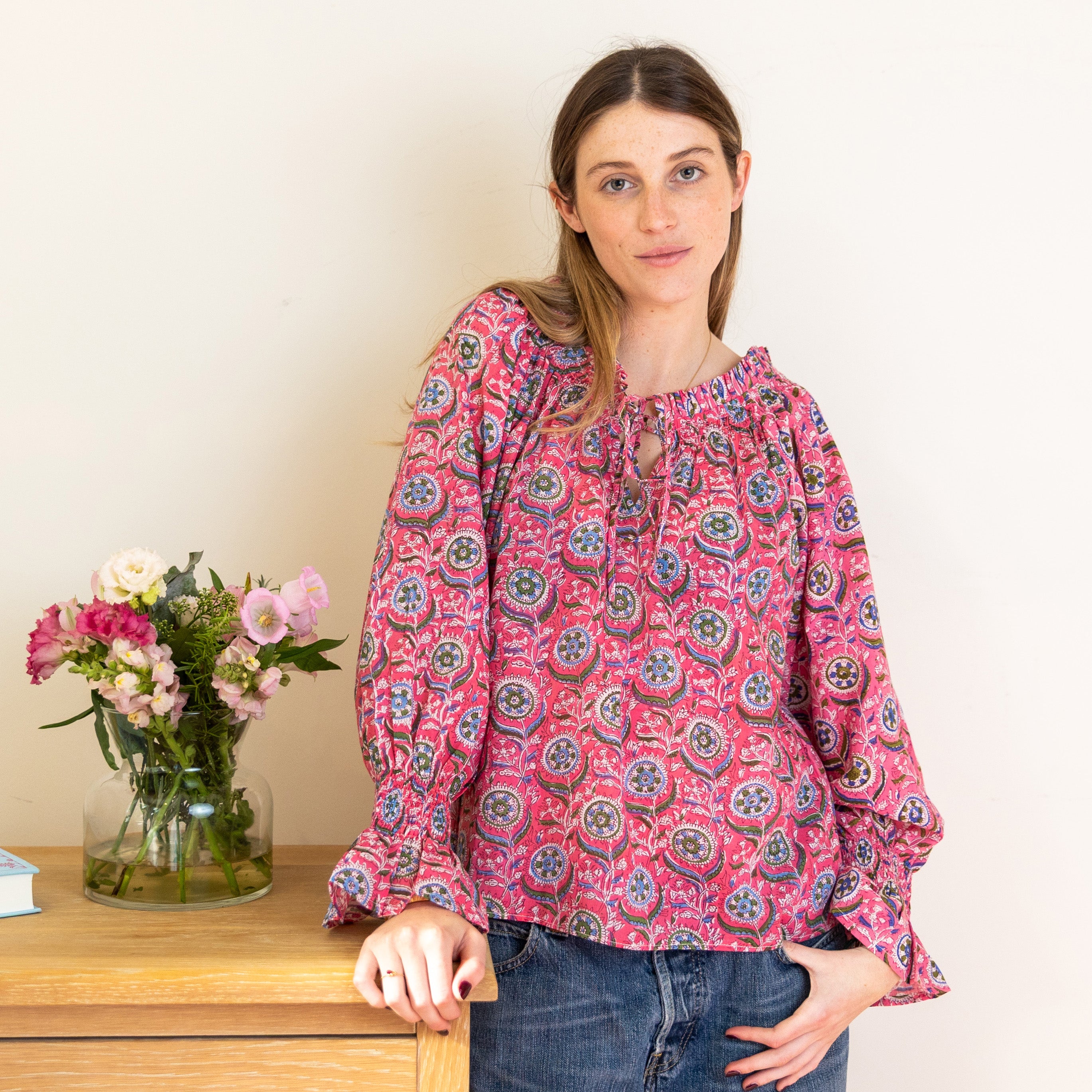 COTTON BLOCK PRINT BLOUSE - ROSE AND BLUE