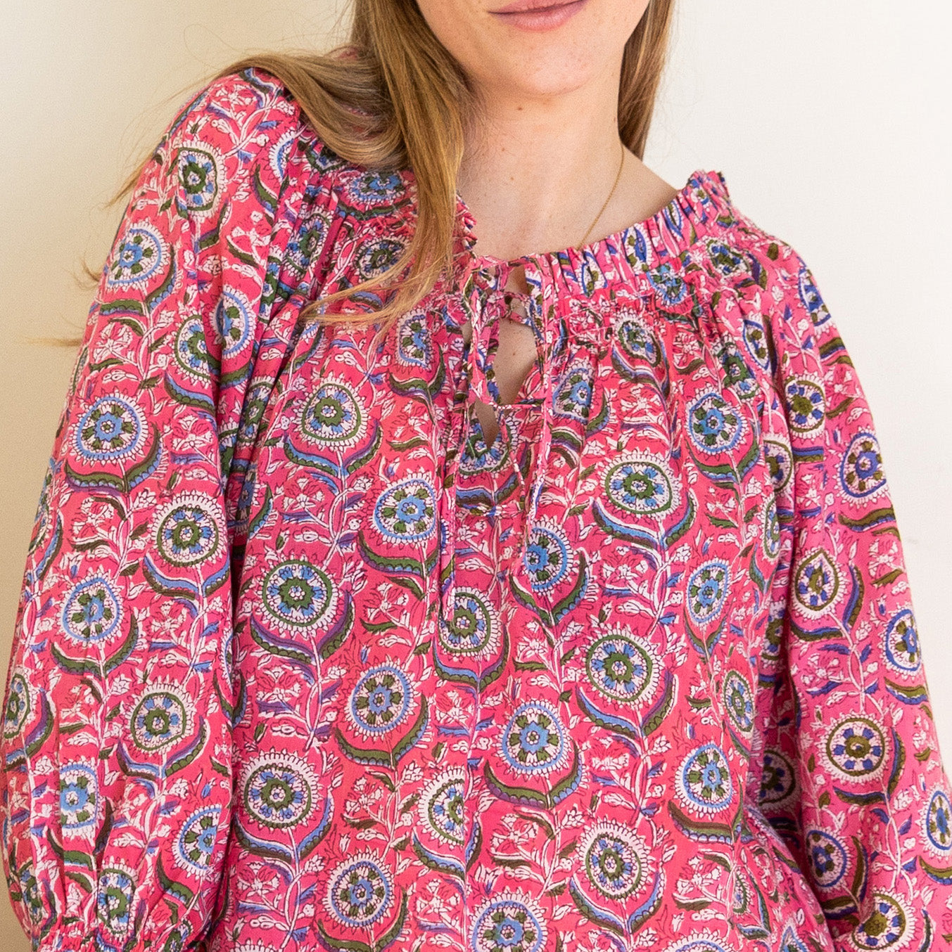 COTTON BLOCK PRINT BLOUSE - ROSE AND BLUE