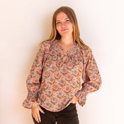 COTTON BLOCK PRINT BLOUSE - TAUPE