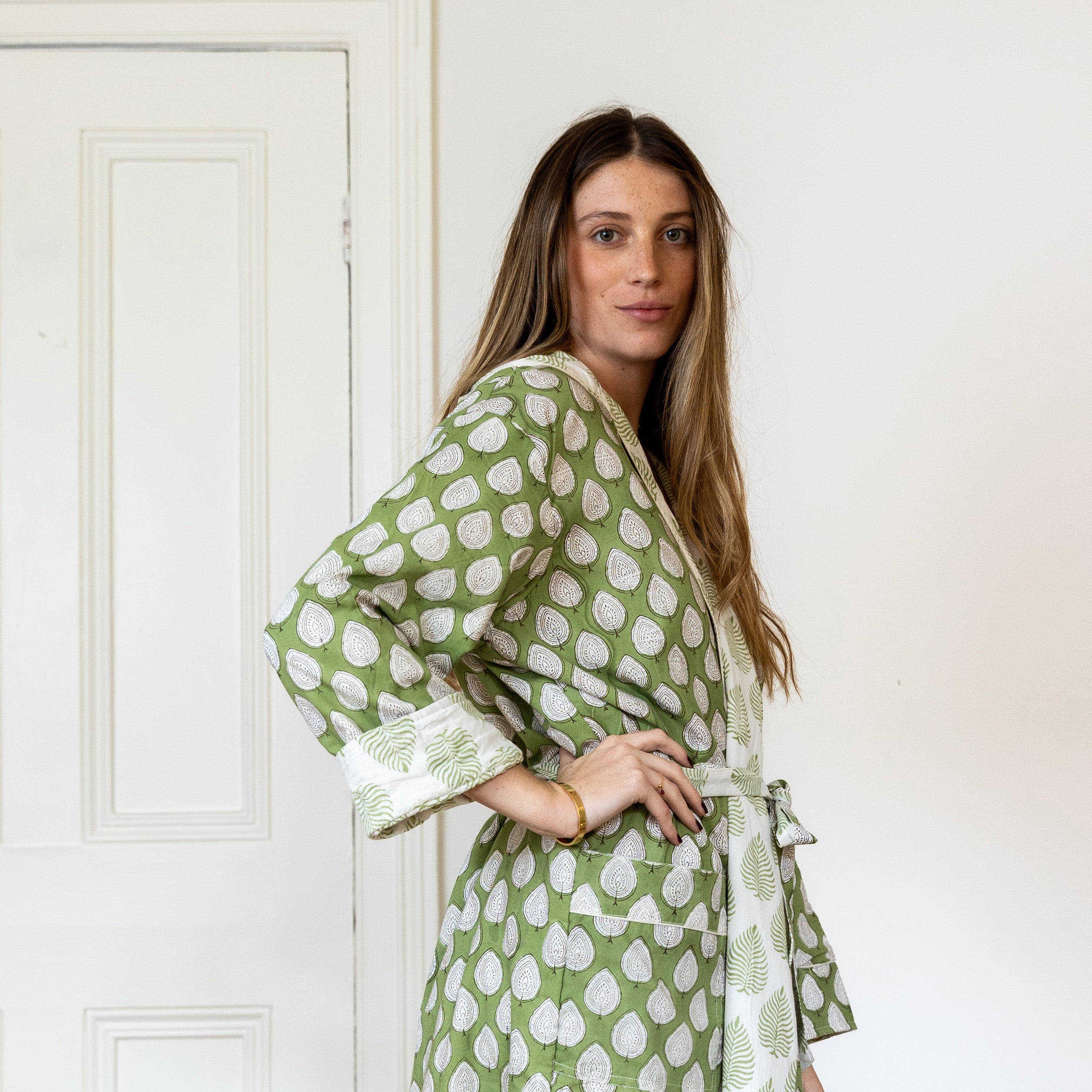 COTTON HOODED ROBE - GREEN LEAF