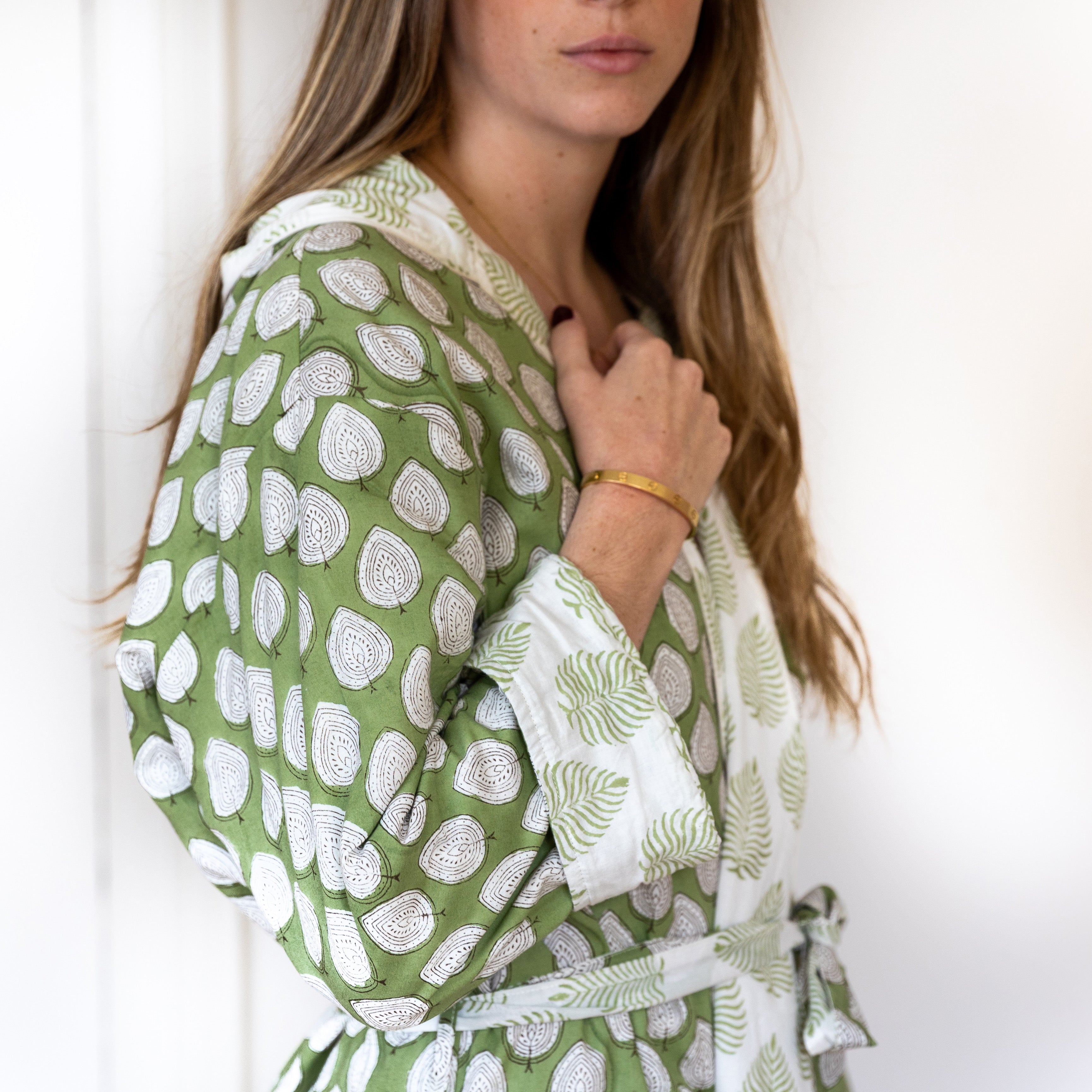 COTTON HOODED ROBE - GREEN LEAF