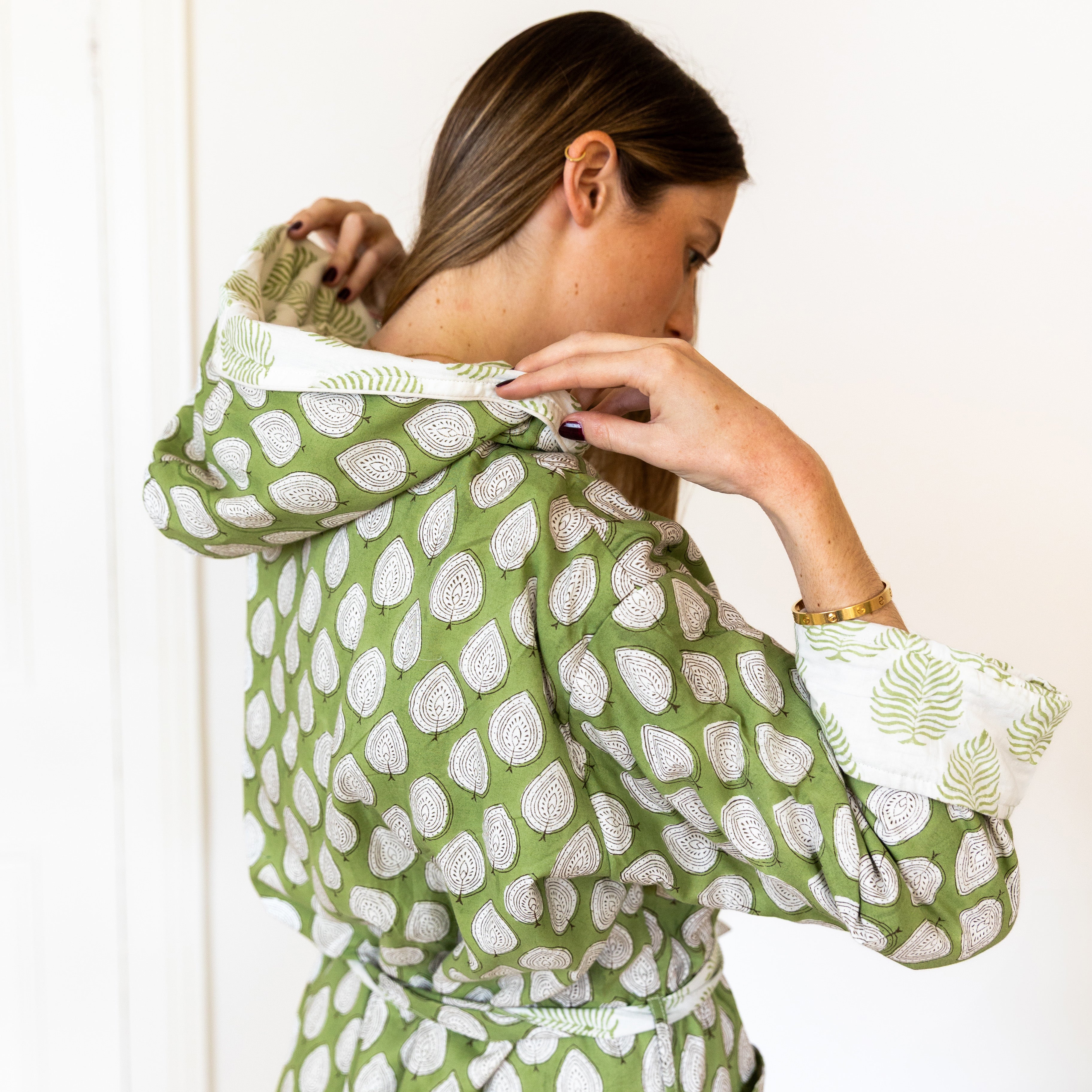 COTTON HOODED ROBE - GREEN LEAF