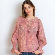 COTTON BLOCK PRINT BLOUSE - PINK AND GREEN