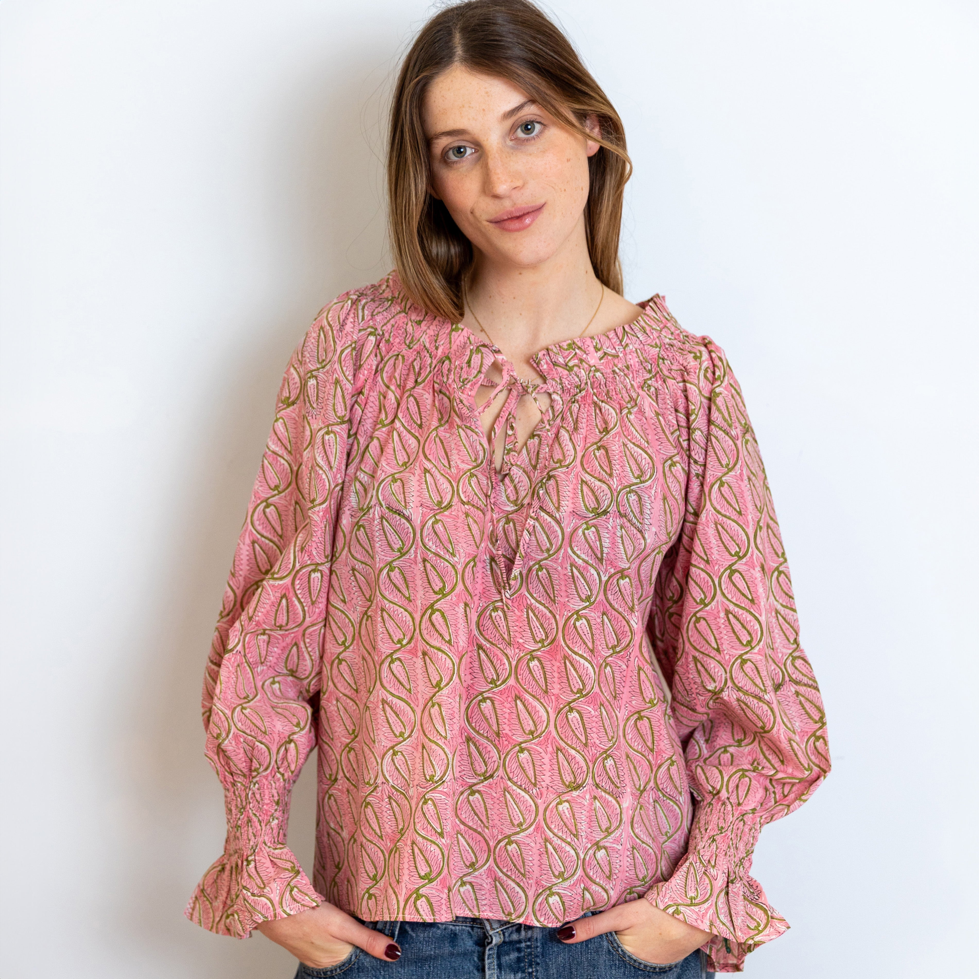 COTTON BLOCK PRINT BLOUSE - PINK AND GREEN