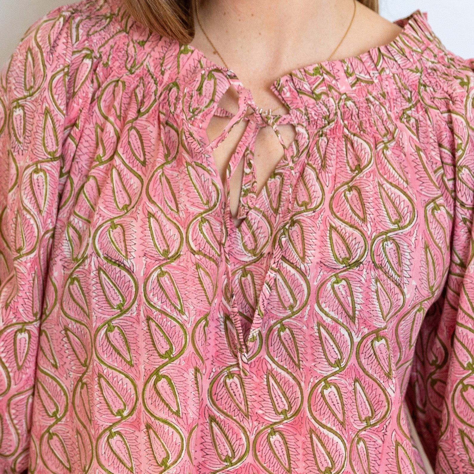 COTTON BLOCK PRINT BLOUSE - PINK AND GREEN