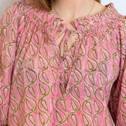 COTTON BLOCK PRINT BLOUSE - PINK AND GREEN