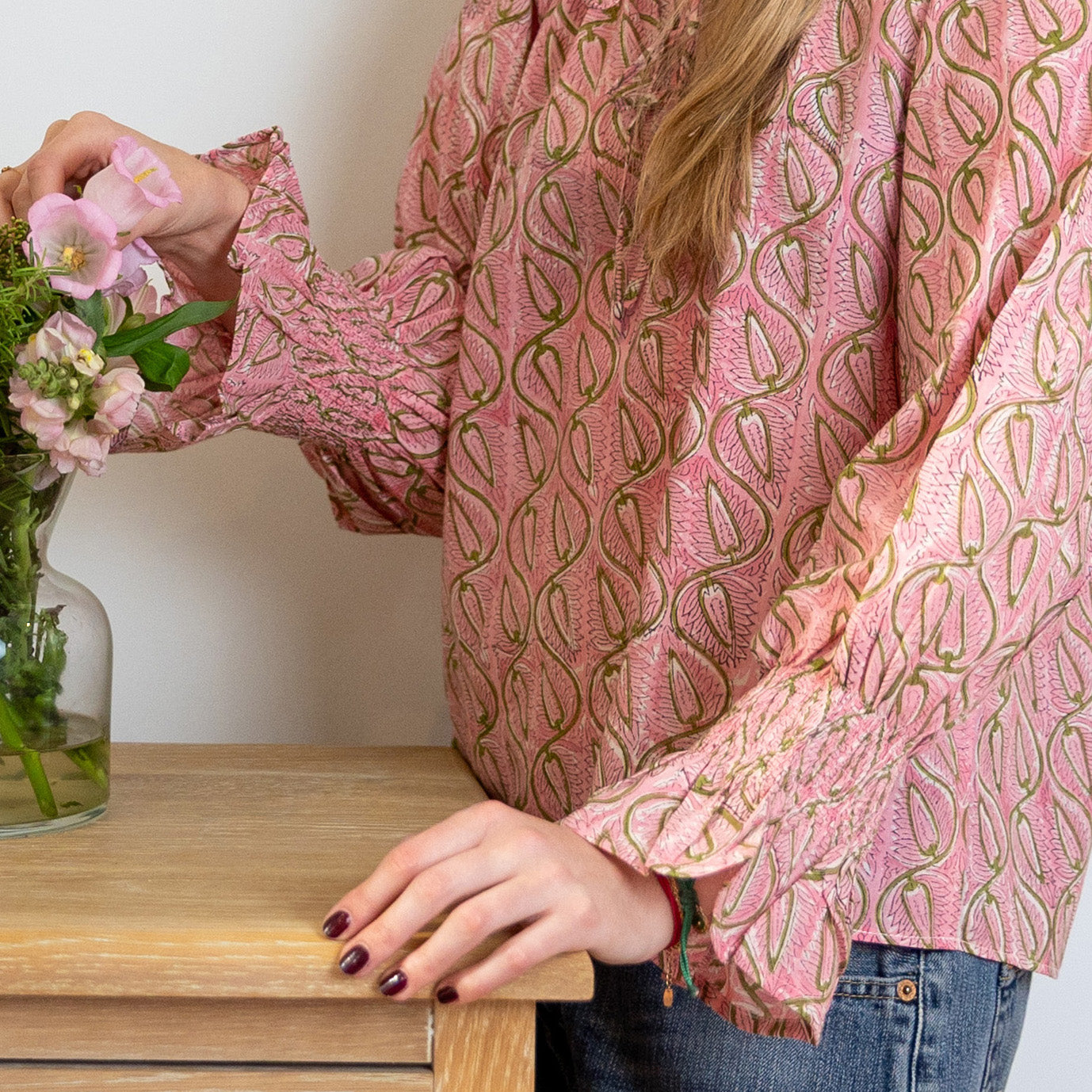 COTTON BLOCK PRINT BLOUSE - PINK AND GREEN