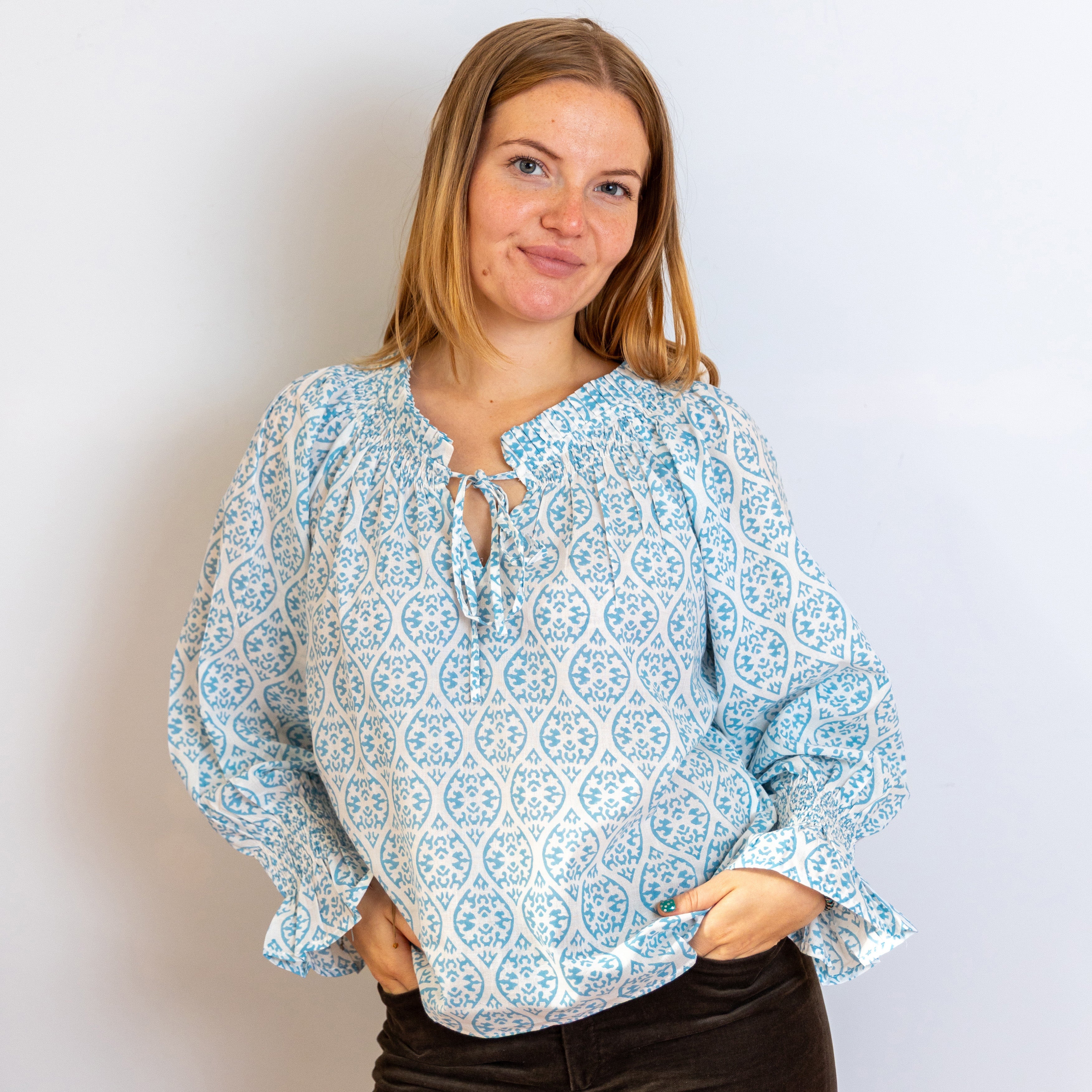 COTTON BLOCK PRINT BLOUSE - POWDER BLUE