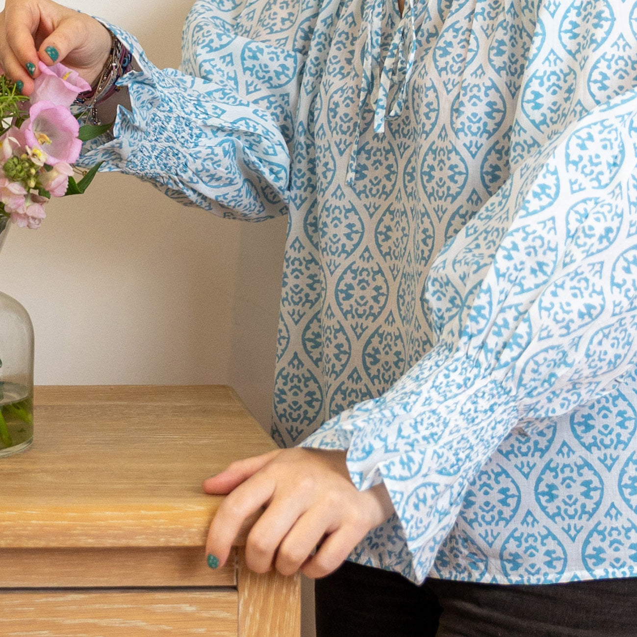 COTTON BLOCK PRINT BLOUSE - POWDER BLUE