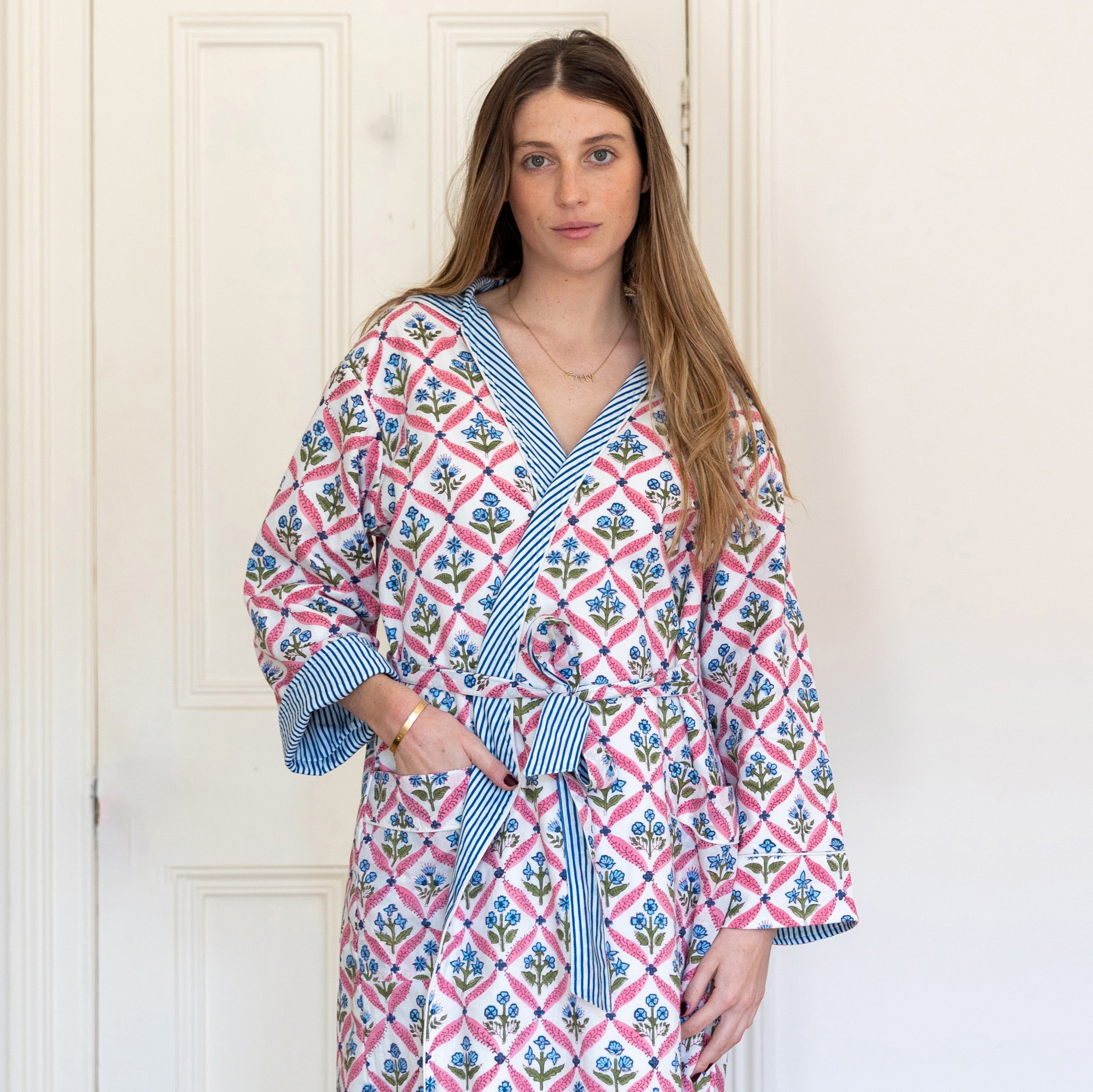 HOODED ROBE - BLUE TRELLIS
