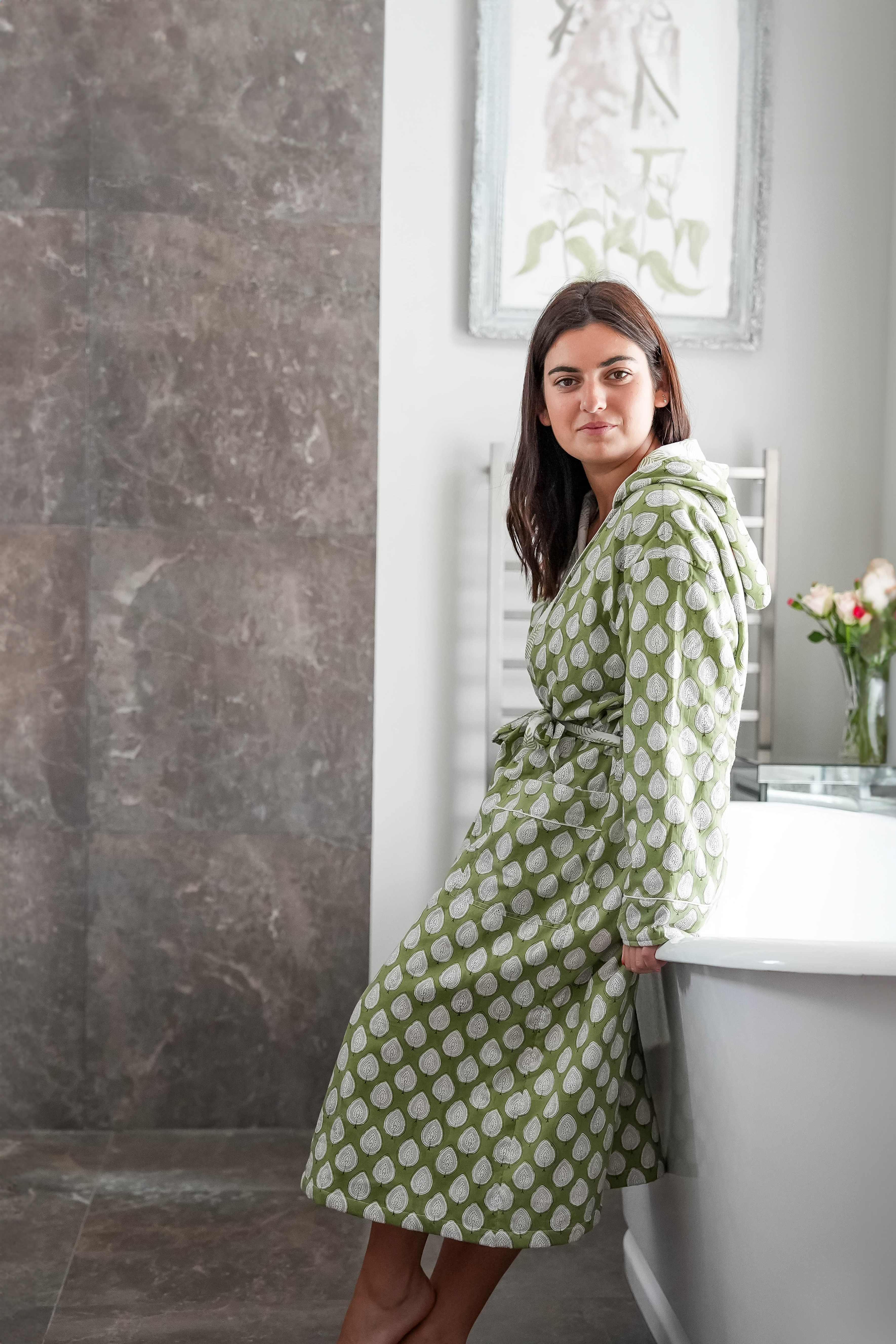 COTTON HOODED ROBE - GREEN LEAF