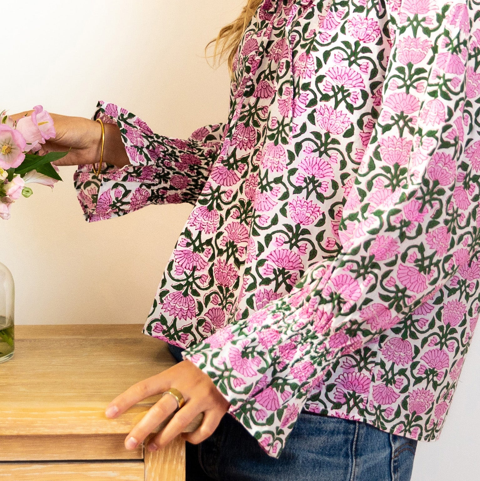 COTTON BLOCK PRINT BLOUSE - PINK LOTUS