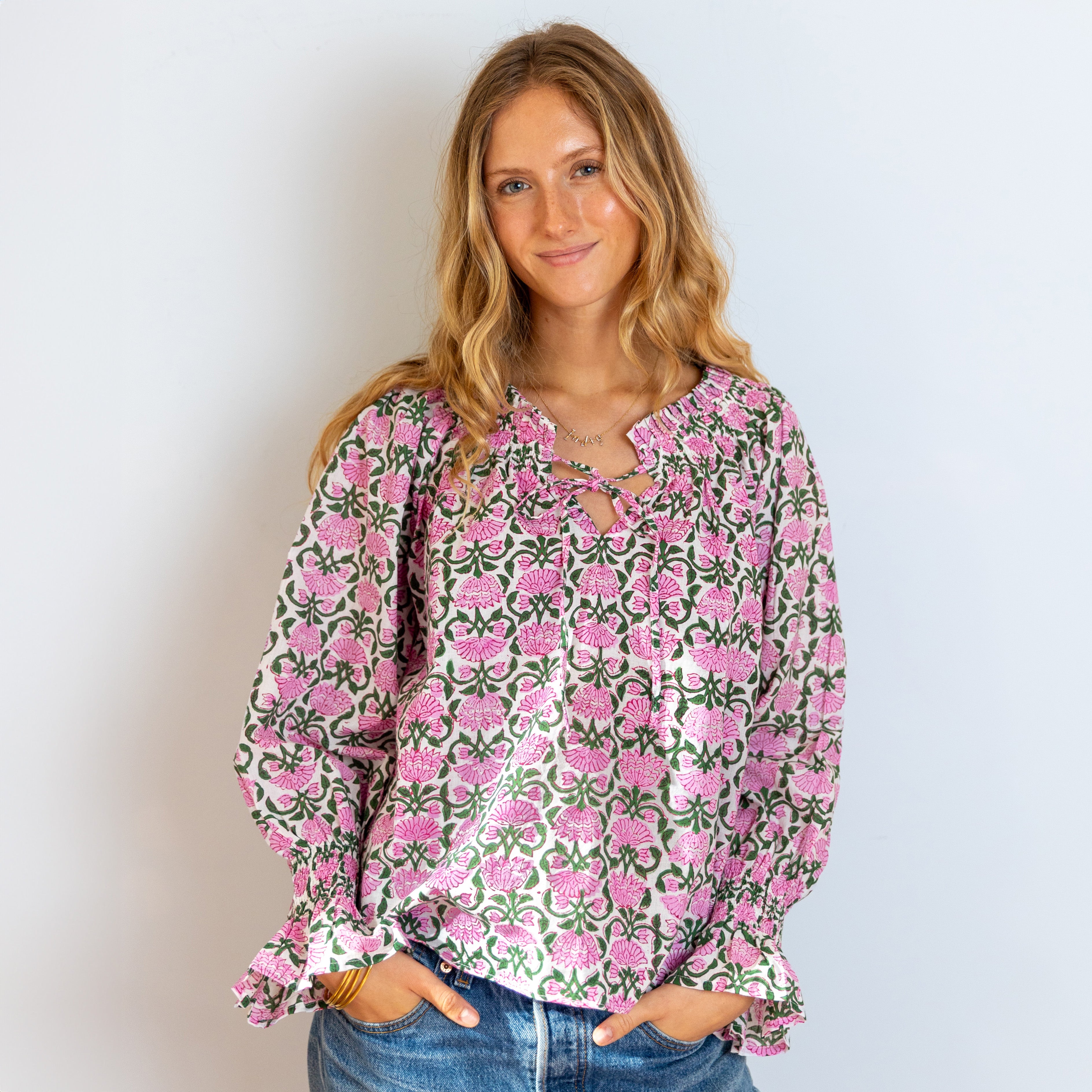 COTTON BLOCK PRINT BLOUSE - PINK LOTUS
