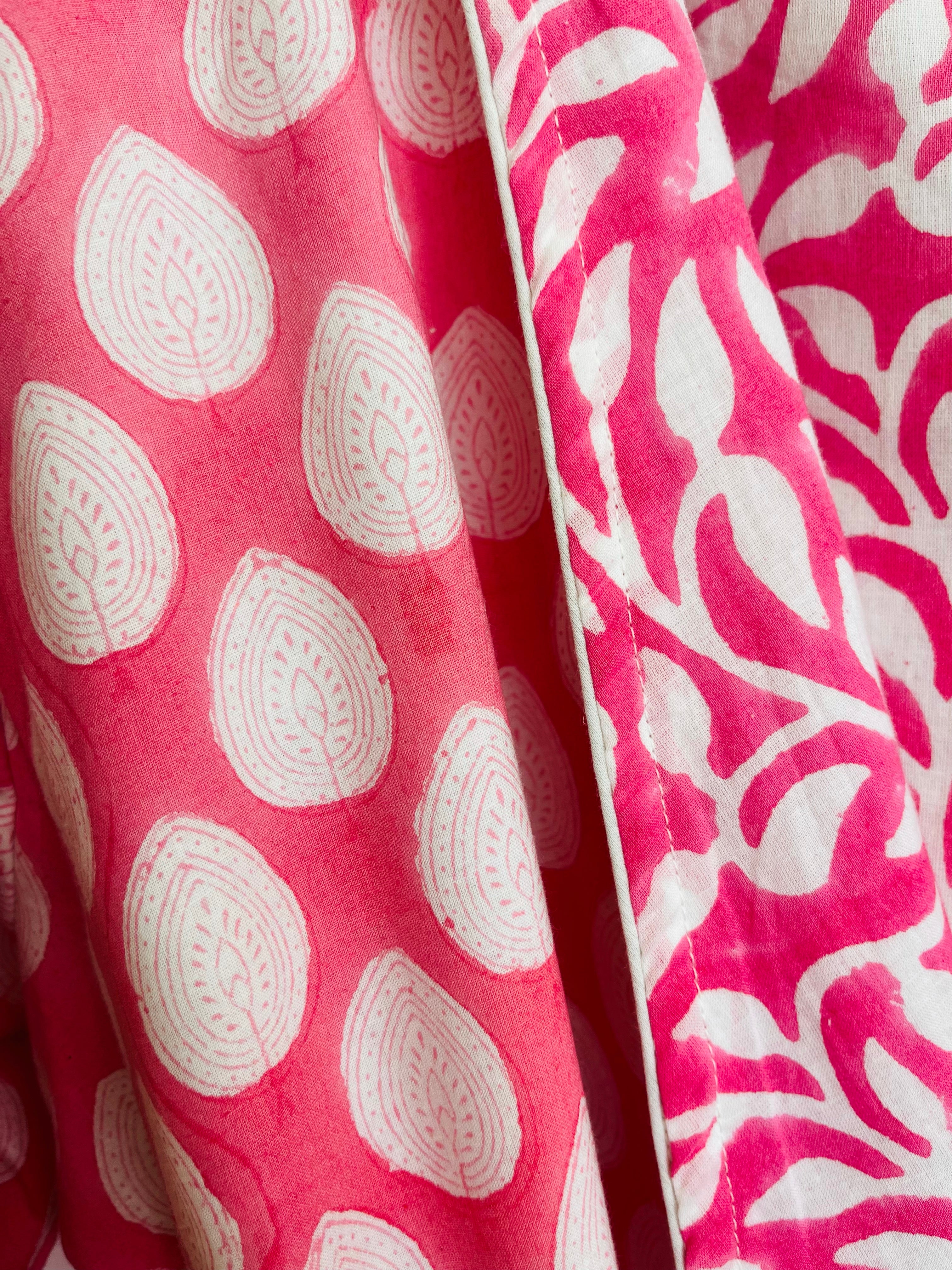 COTTON HOODED ROBE - PINK LEAF