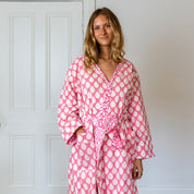COTTON HOODED ROBE - PINK LEAF
