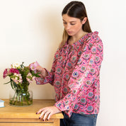 COTTON BLOCK PRINT BLOUSE - ROSE AND BLUE