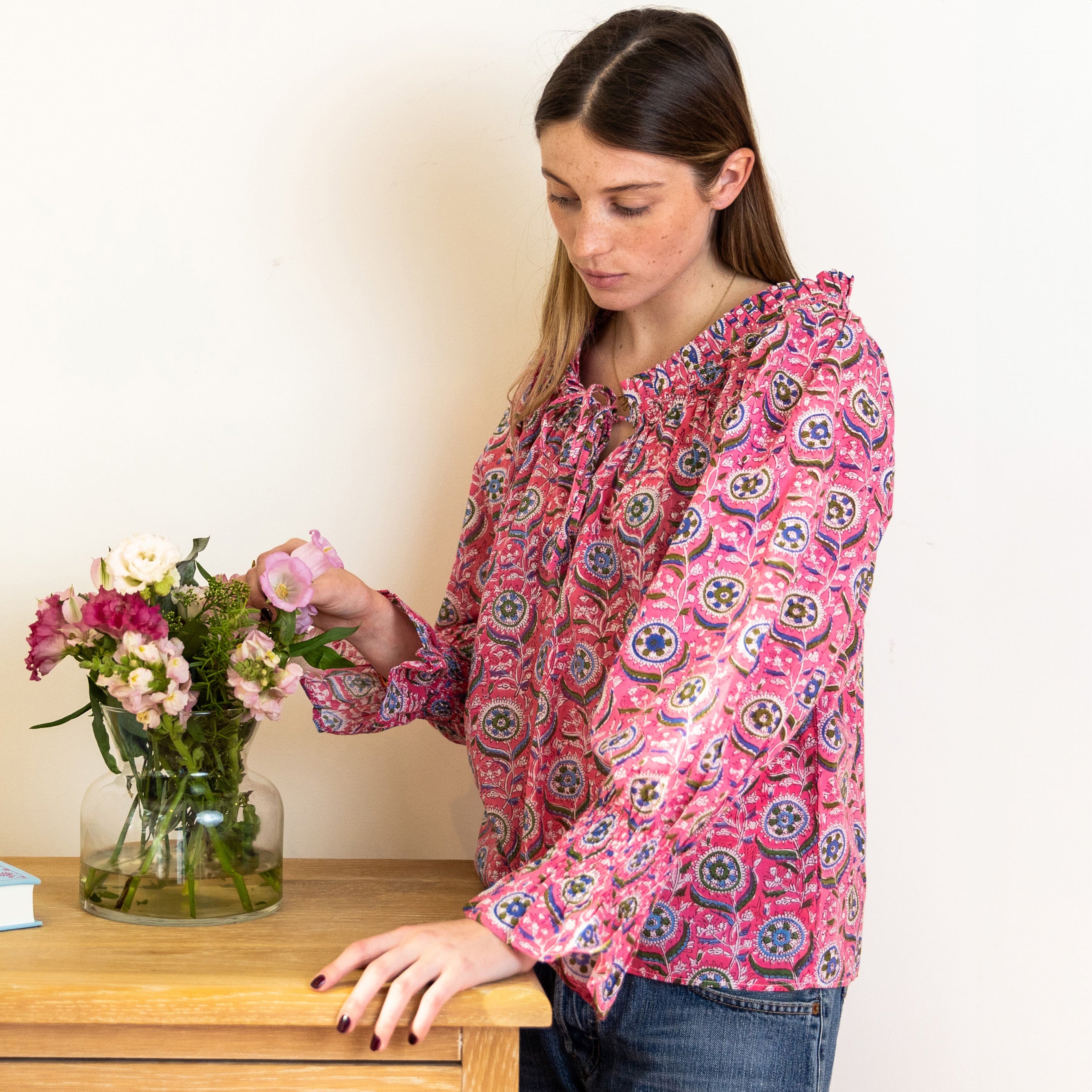 COTTON BLOCK PRINT BLOUSE - ROSE AND BLUE