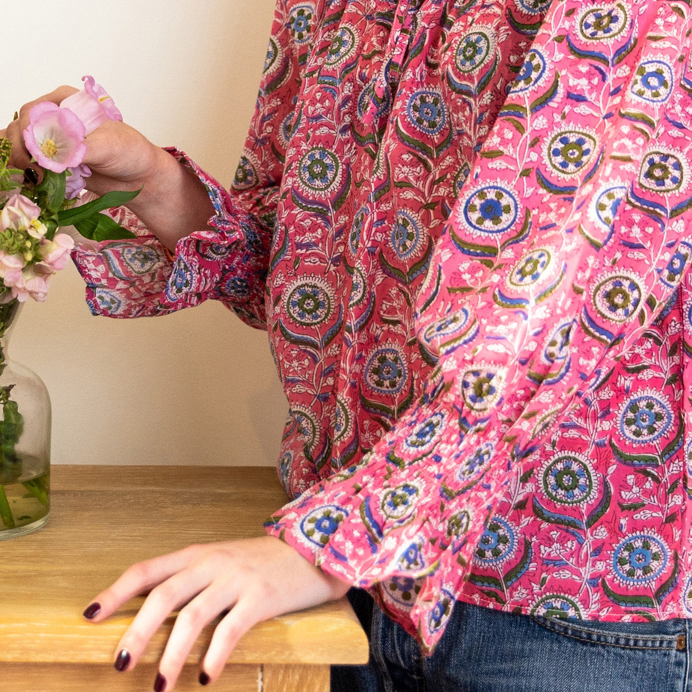 COTTON BLOCK PRINT BLOUSE - ROSE AND BLUE