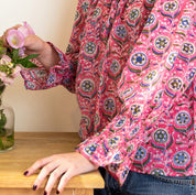 COTTON BLOCK PRINT BLOUSE - ROSE AND BLUE