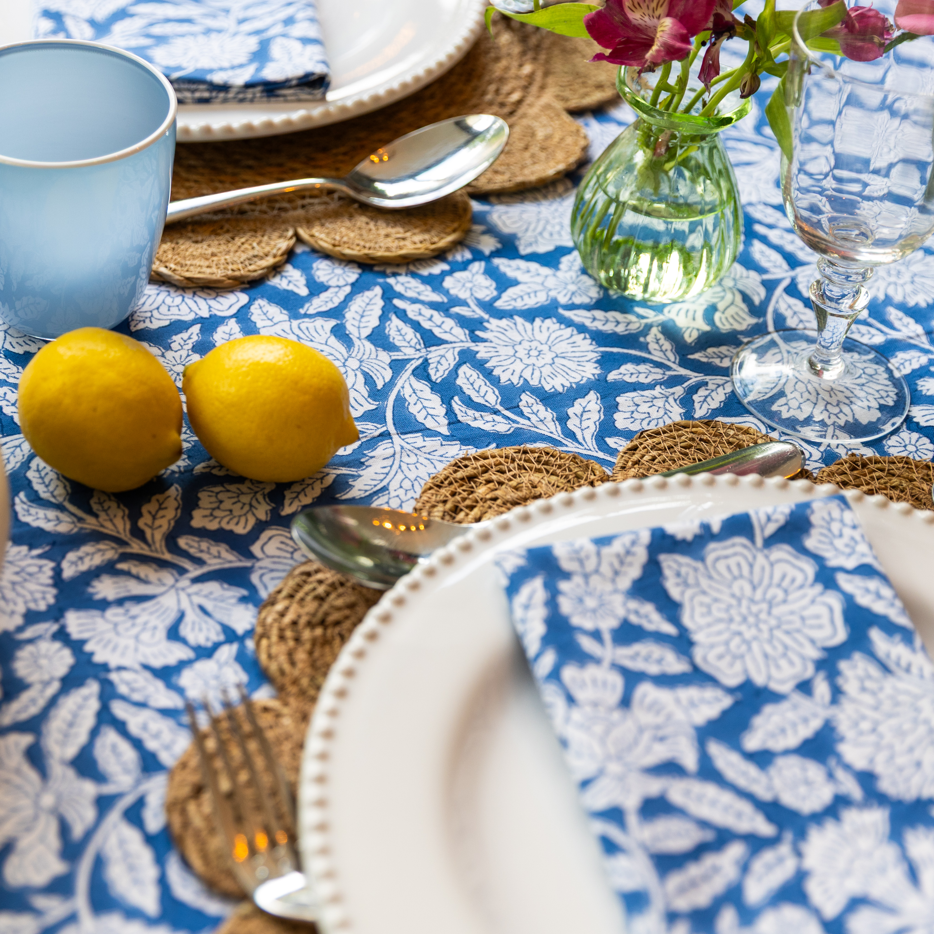 HAND BLOCK TABLECLOTH - COBALT BLUE FLORAL
