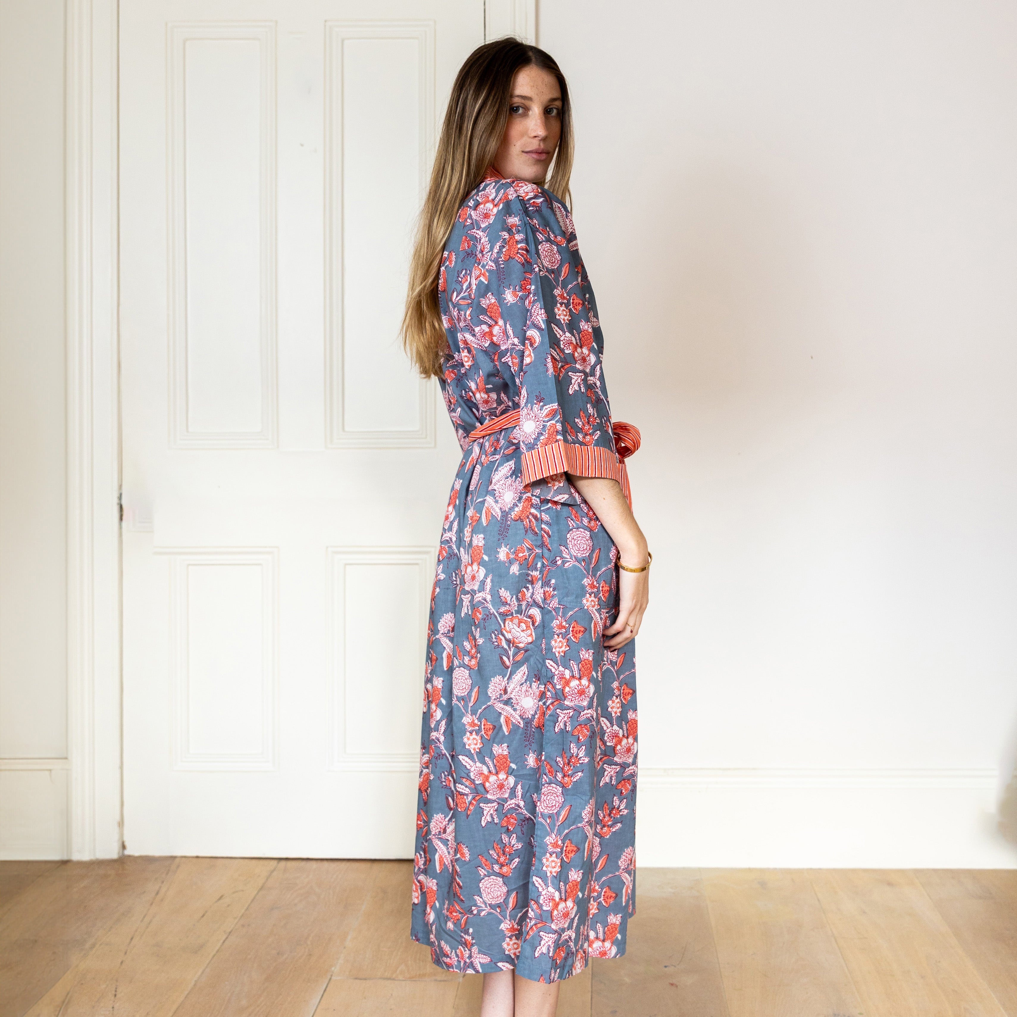 COTTON BLOCK PRINT KIMONO - BURNT ORANGE AND BLUE