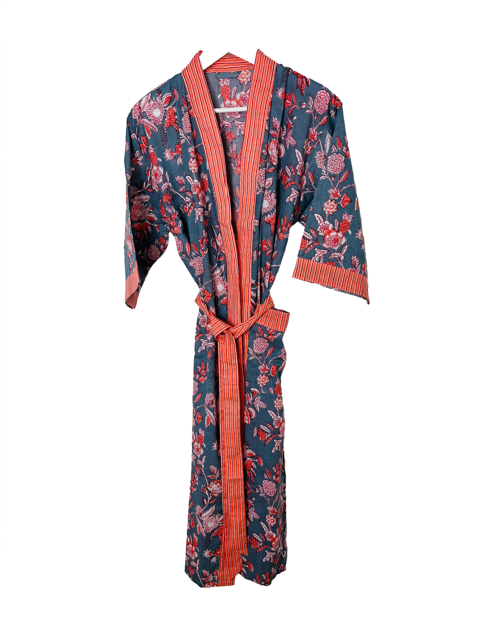 HAND  PRINTED ROBE - BURNT ORANGE/ BLUE