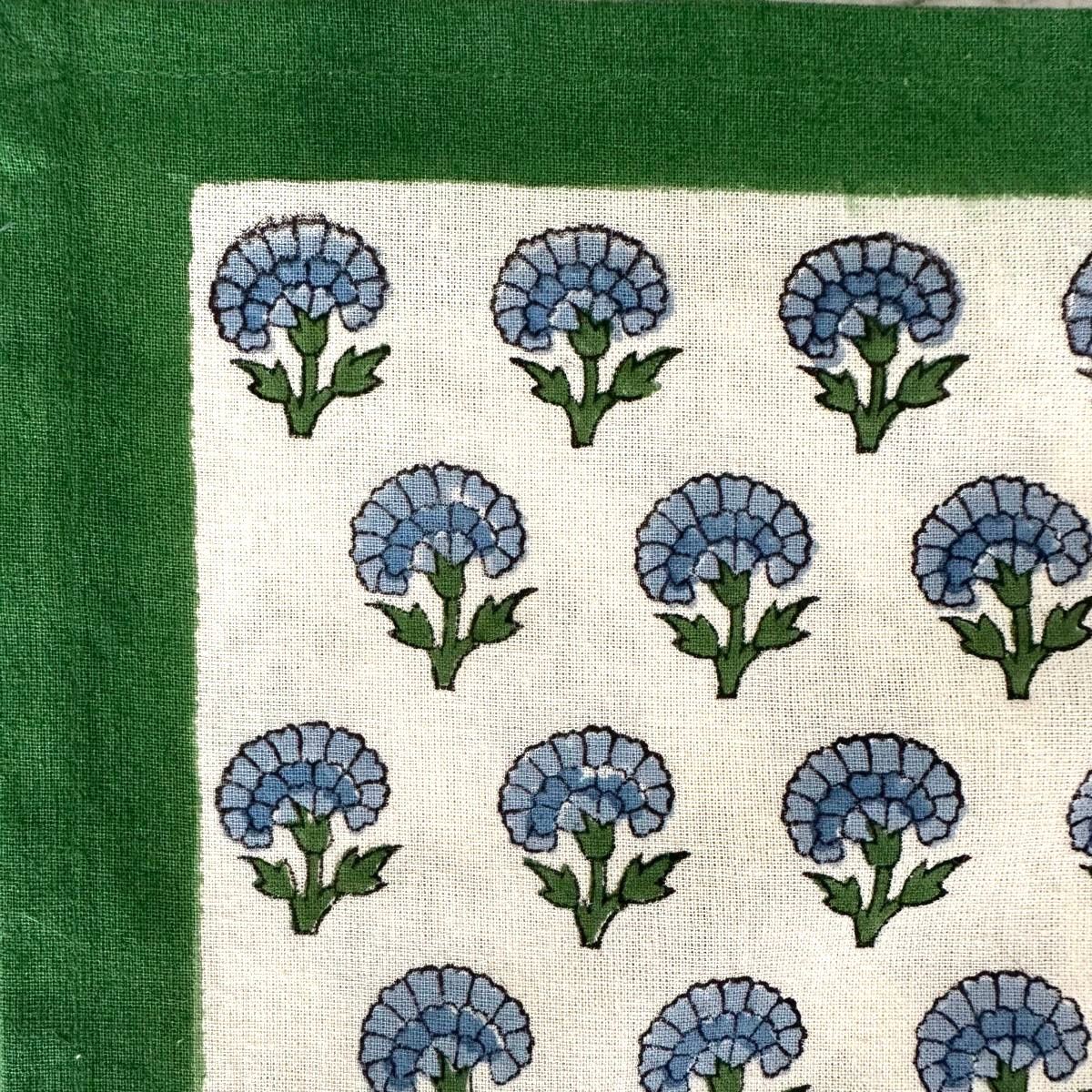 HAND BLOCKED TEA TOWEL - BLUE FLOWER/GREEN BORDER