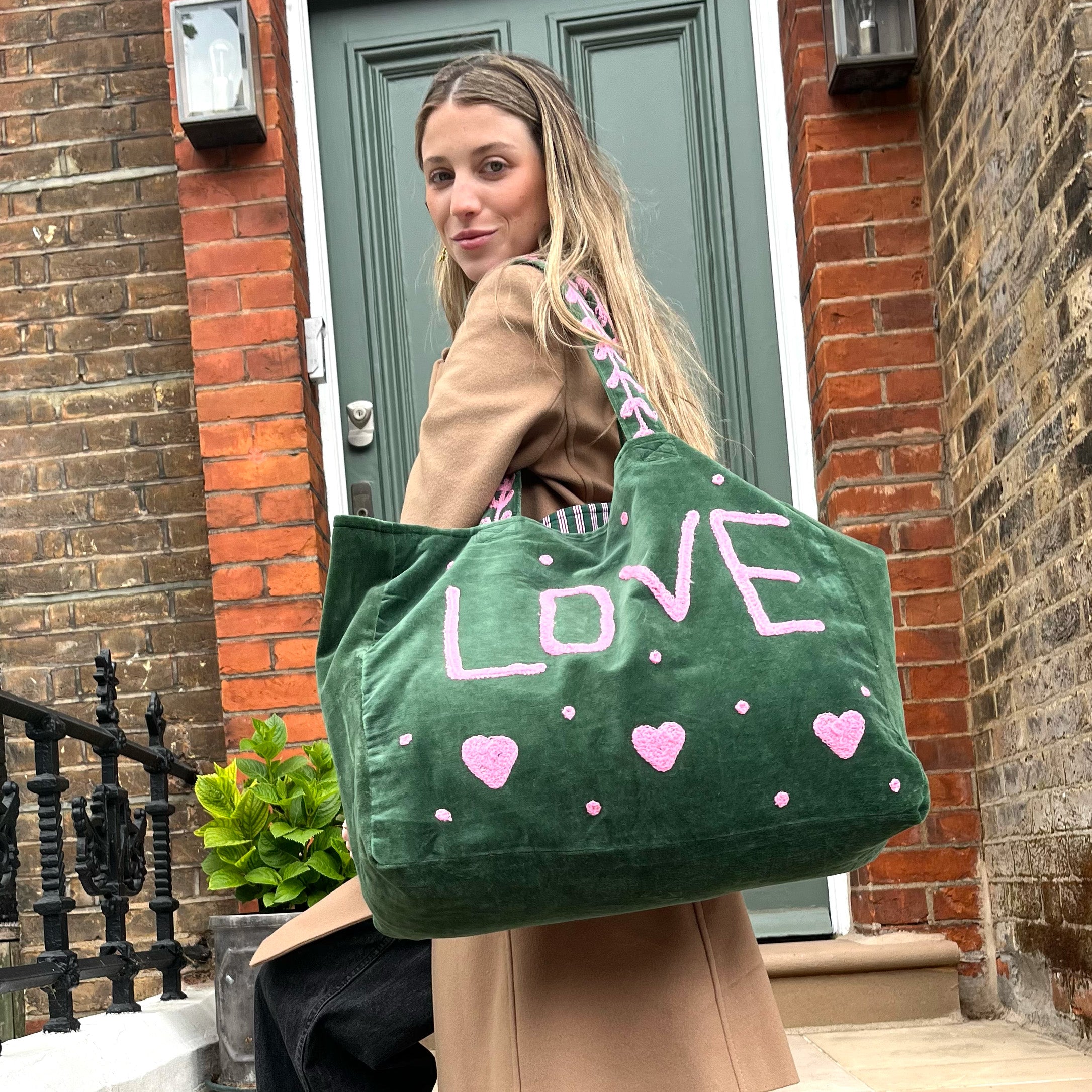 VELVET LOVE BAG- FOREST GREEN AND PINK