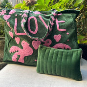 VELVET LOVE BAG- FOREST GREEN AND PINK