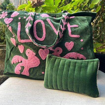 VELVET LOVE BAG- FOREST GREEN AND PINK