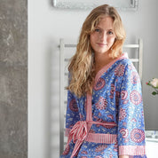 COTTON  BLOCK PRINT KIMONO - BLUE  AND SALMON PINK