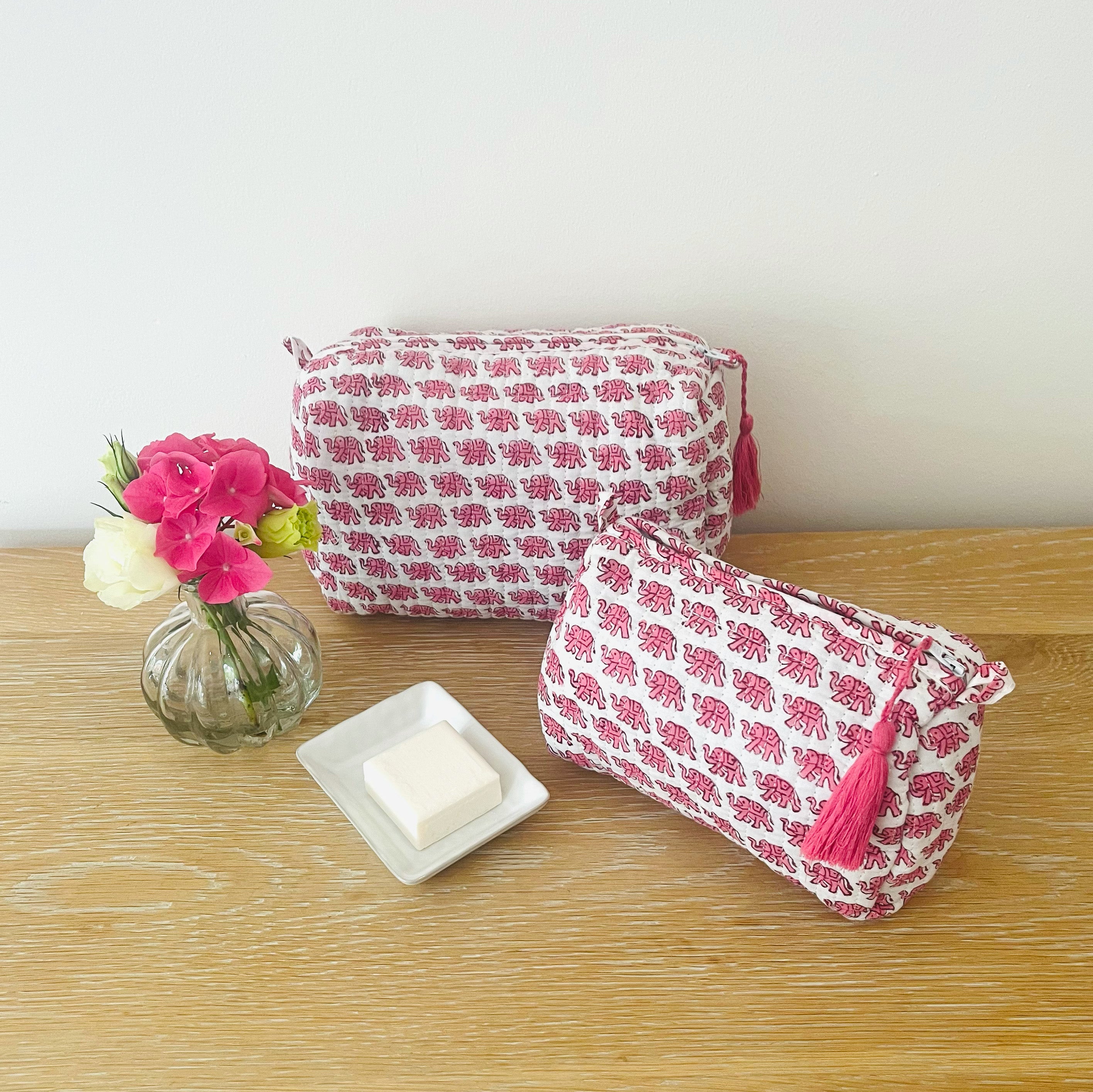 WASH BAG + MAKE UP POUCH SET - PINK ELEPHANT
