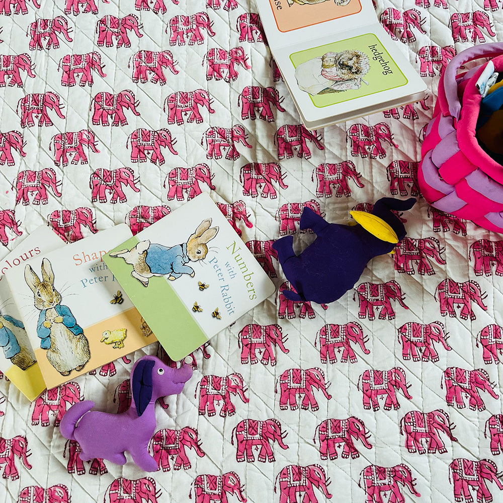 ORGANIC COTTON BABY QUILT - PINK ELEPHANT