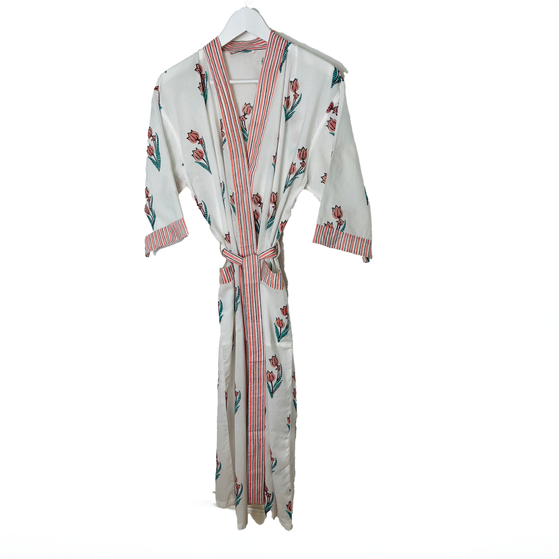 HAND PRINTED ROBE - WHITE/PINK FLOWER