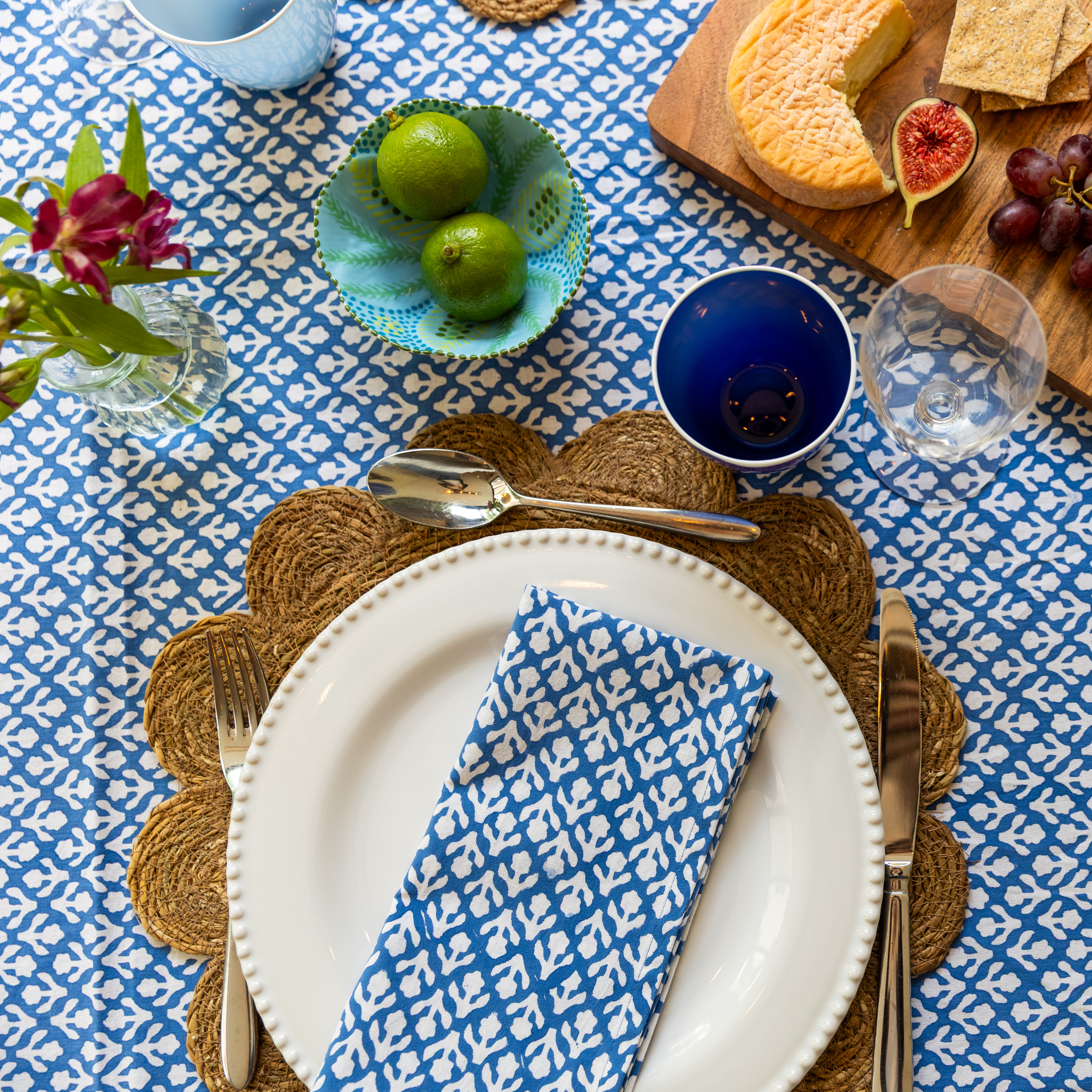 HAND BLOCK TABLECLOTH - COBALT BLUE MOTIF