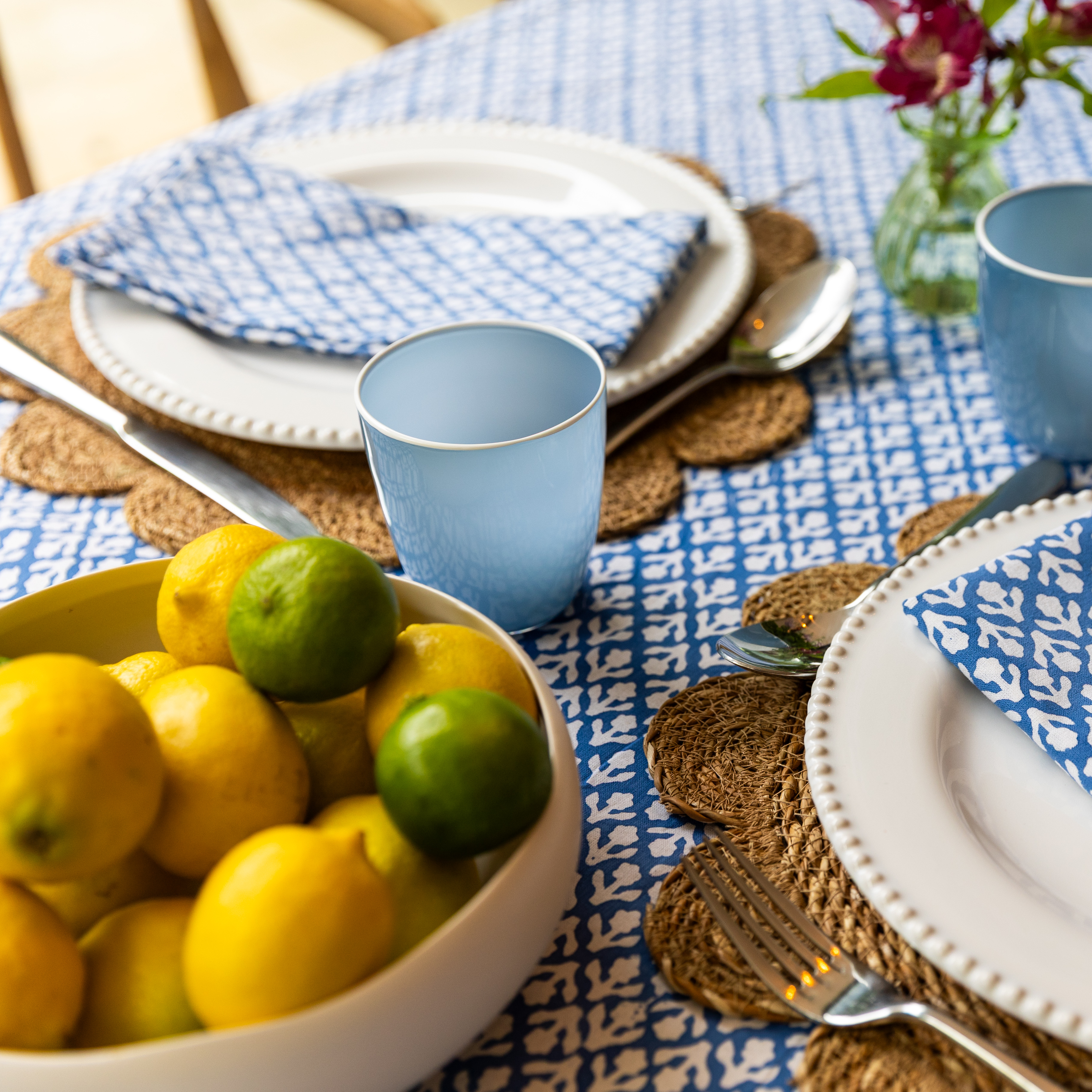 HAND BLOCK TABLECLOTH - COBALT BLUE MOTIF
