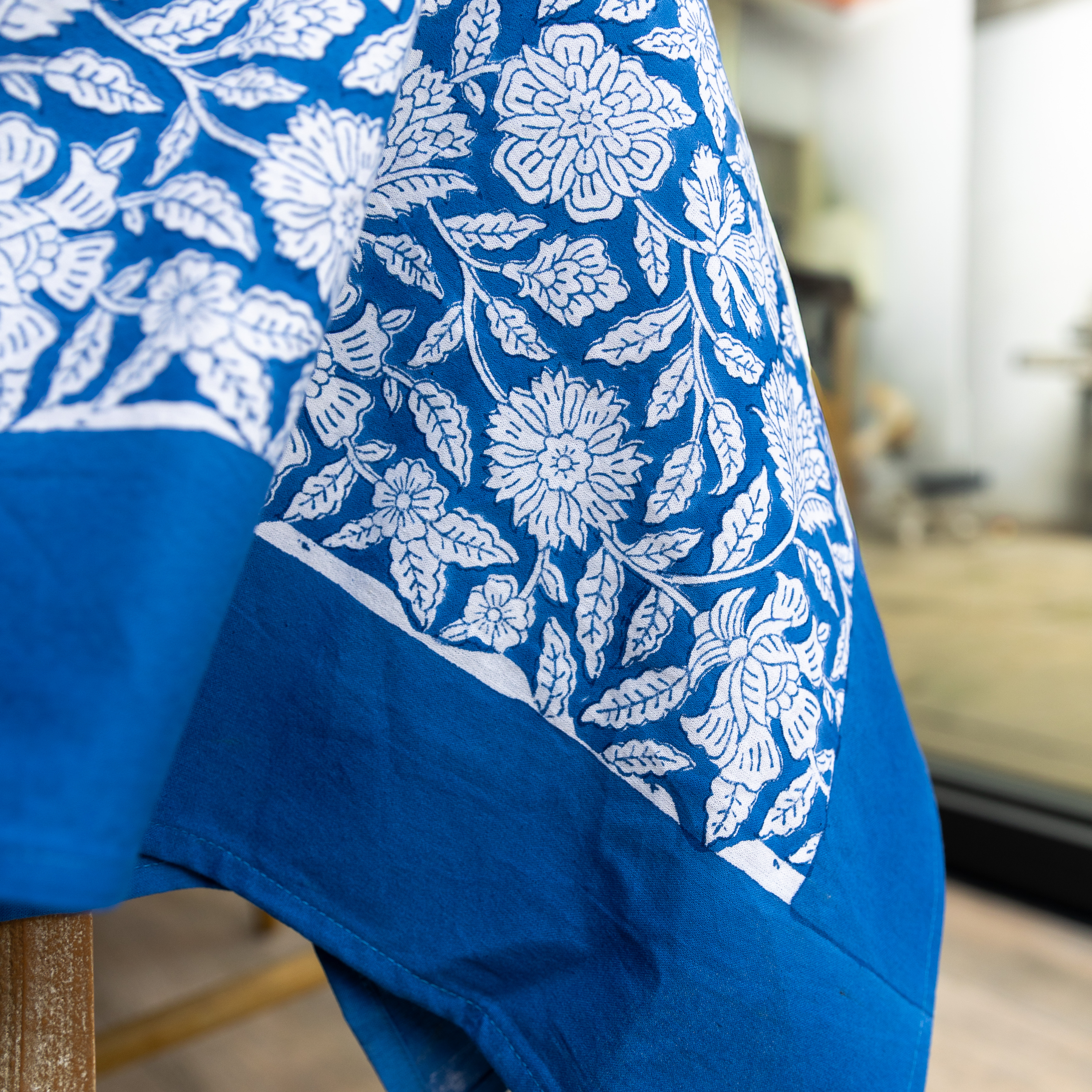 HAND BLOCK TABLECLOTH - COBALT BLUE FLORAL