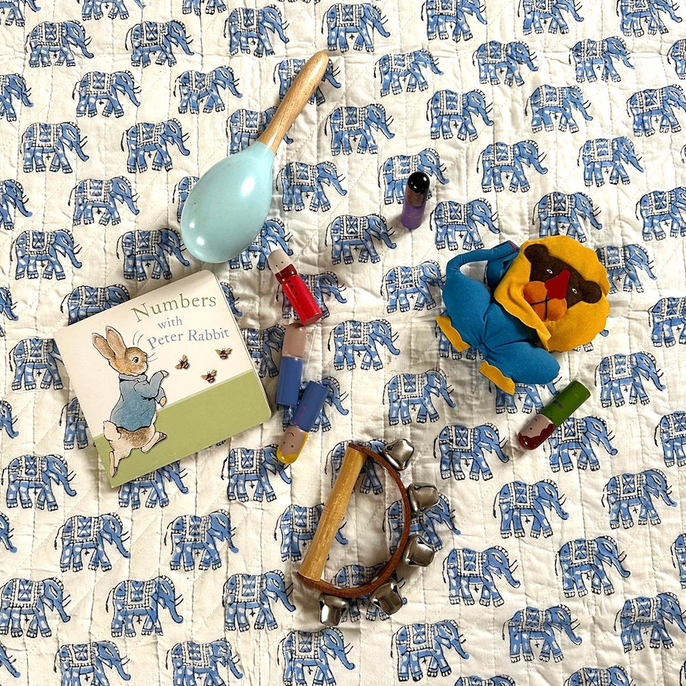 ORGANIC COTTON BABY QUILT - BLUE ELEPHANT
