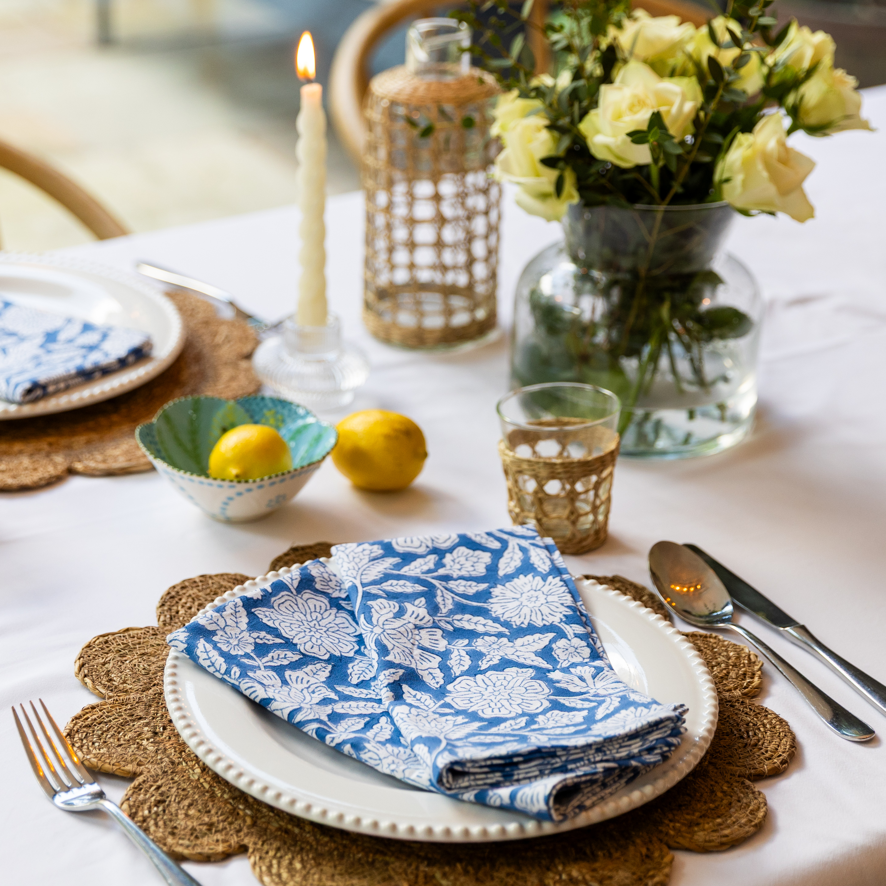 HAND BLOCK TABLECLOTH - COBALT BLUE FLORAL