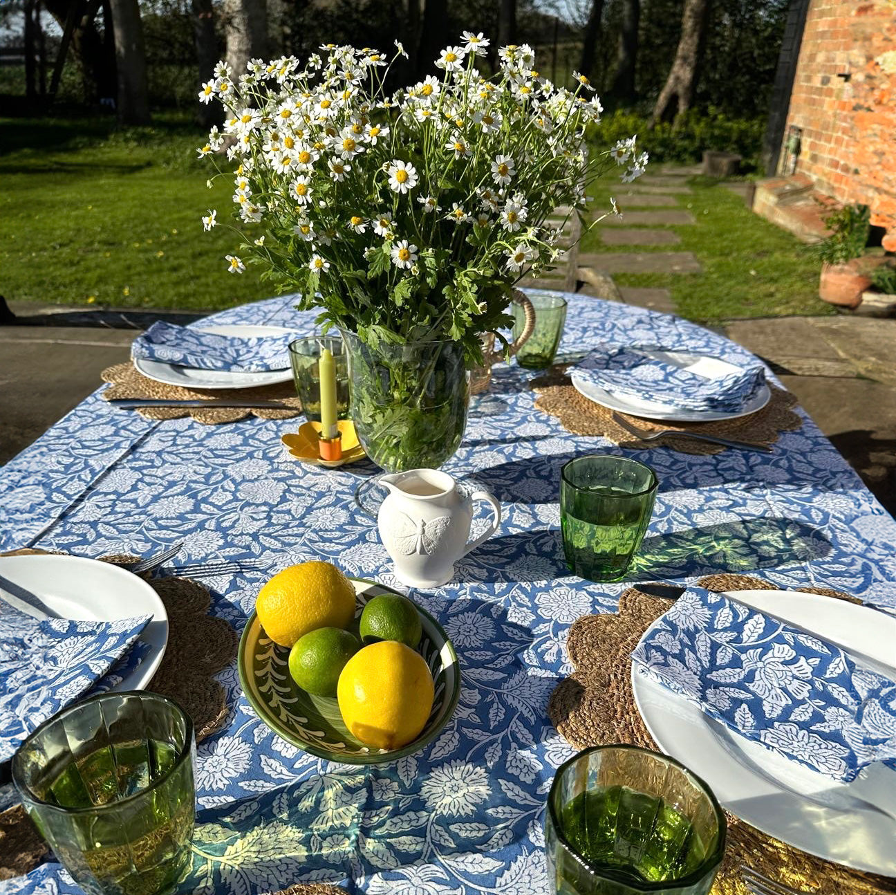 HAND BLOCK TABLECLOTH - COBALT BLUE FLORAL