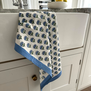 HAND BLOCKED TEA TOWEL - BLUE FLOWER/BLUE BORDER