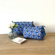 WASH BAG + MAKE UP POUCH SET - BLUE WITH GREY FLOWER