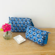WASH BAG + MAKE UP POUCH SET - BLUE WITH GREY FLOWER