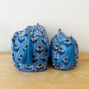 WASH BAG + MAKE UP POUCH SET - BLUE WITH GREY FLOWER