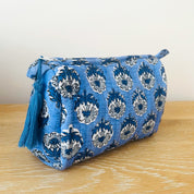 WASH BAG + MAKE UP POUCH SET - BLUE WITH GREY FLOWER