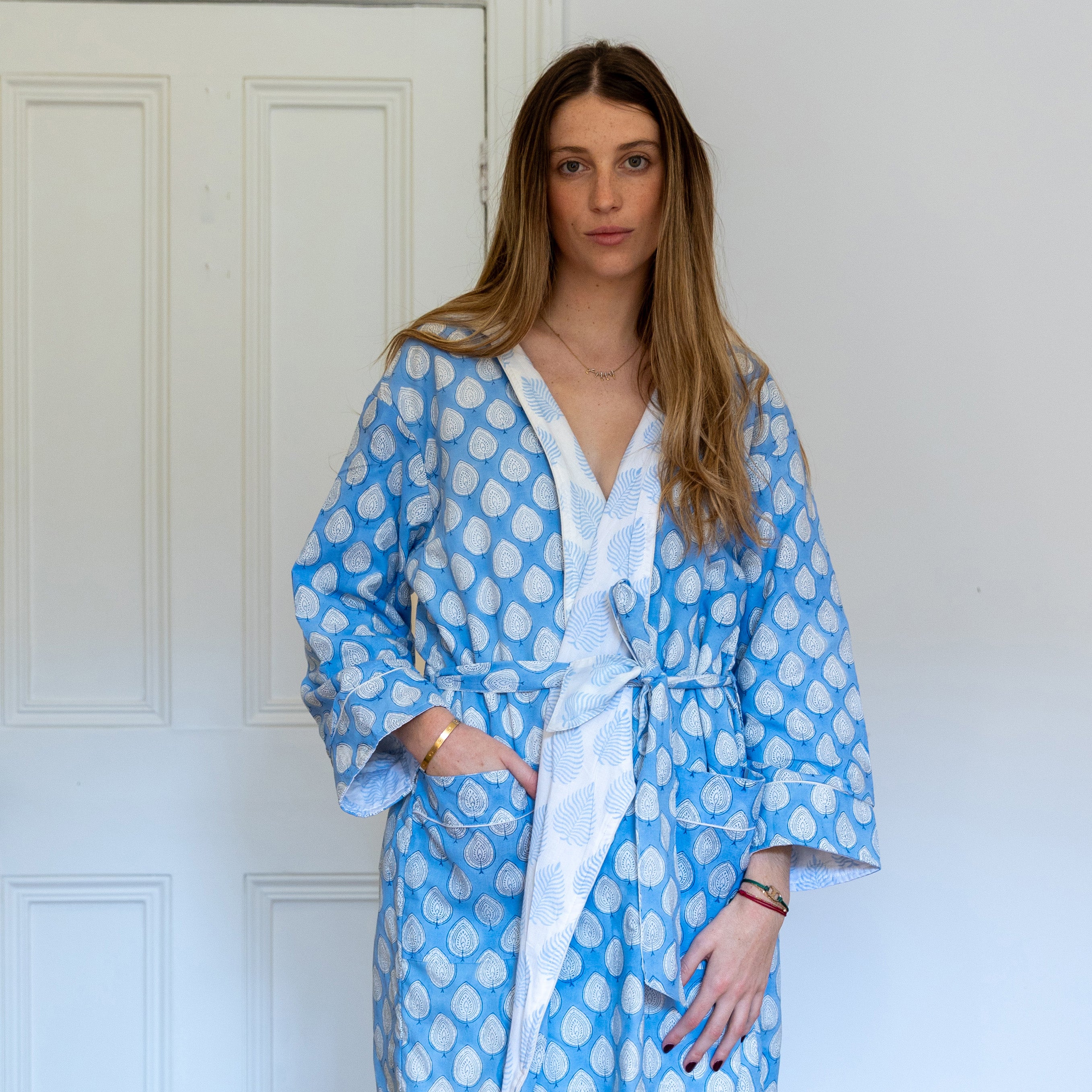 COTTON HOODED ROBE - BLUE LEAF
