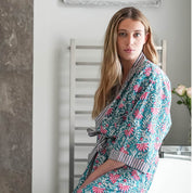 COTTON BLOCK PRINT KIMONO - PETROL BLUE AND PINK