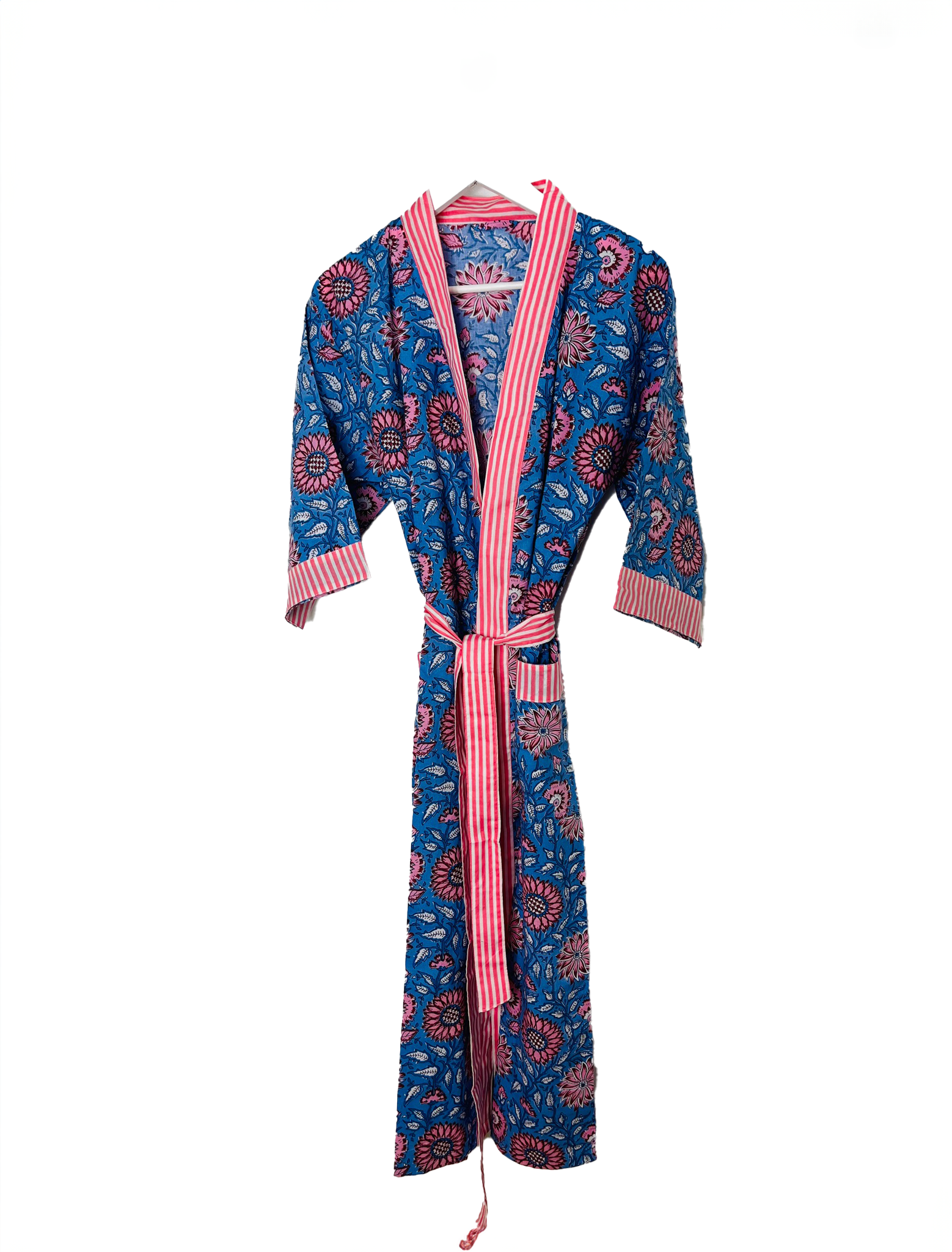 HAND PRINTED ROBE - BLUE/SALMON PINK