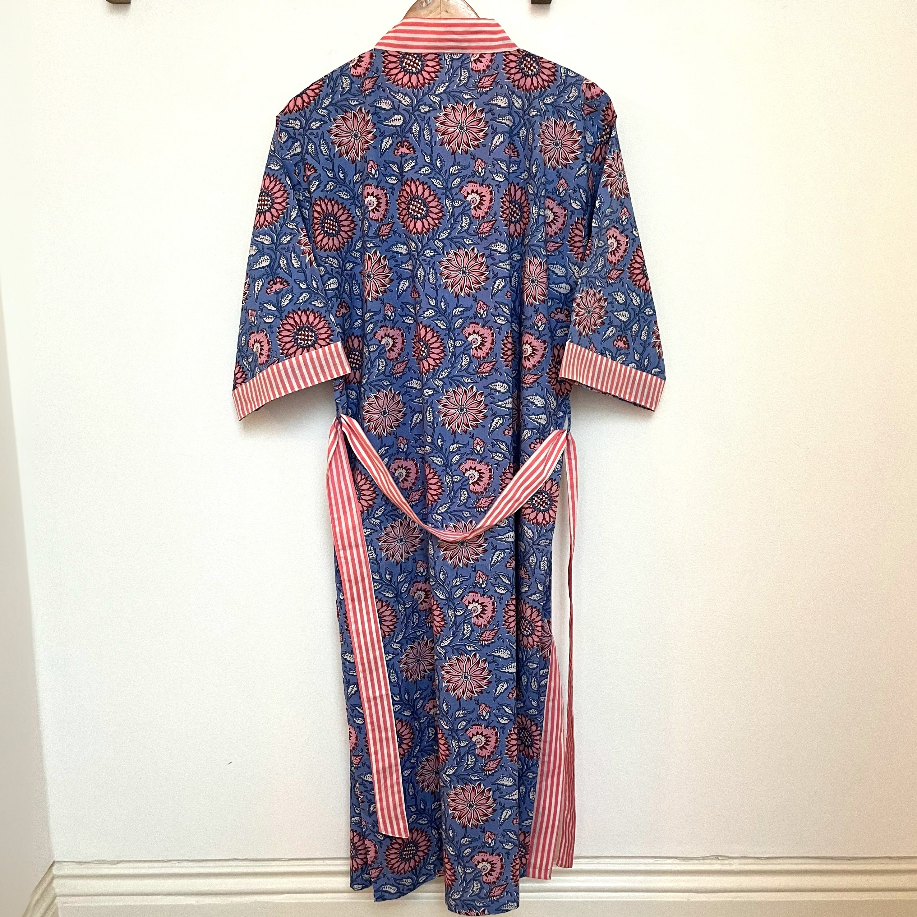 COTTON  BLOCK PRINT KIMONO - BLUE  AND SALMON PINK